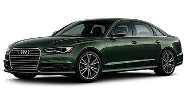 A dark green Audi sedan is parked on a white background, viewed from the front left side.