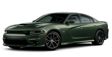 A dark green Dodge Charger sedan is parked on a plain white background, viewed from the front passenger side.