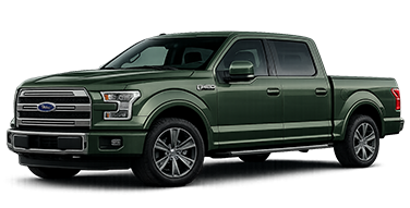 A dark green Ford F-150 pickup truck with four doors, viewed from the front passenger side, on a white background.