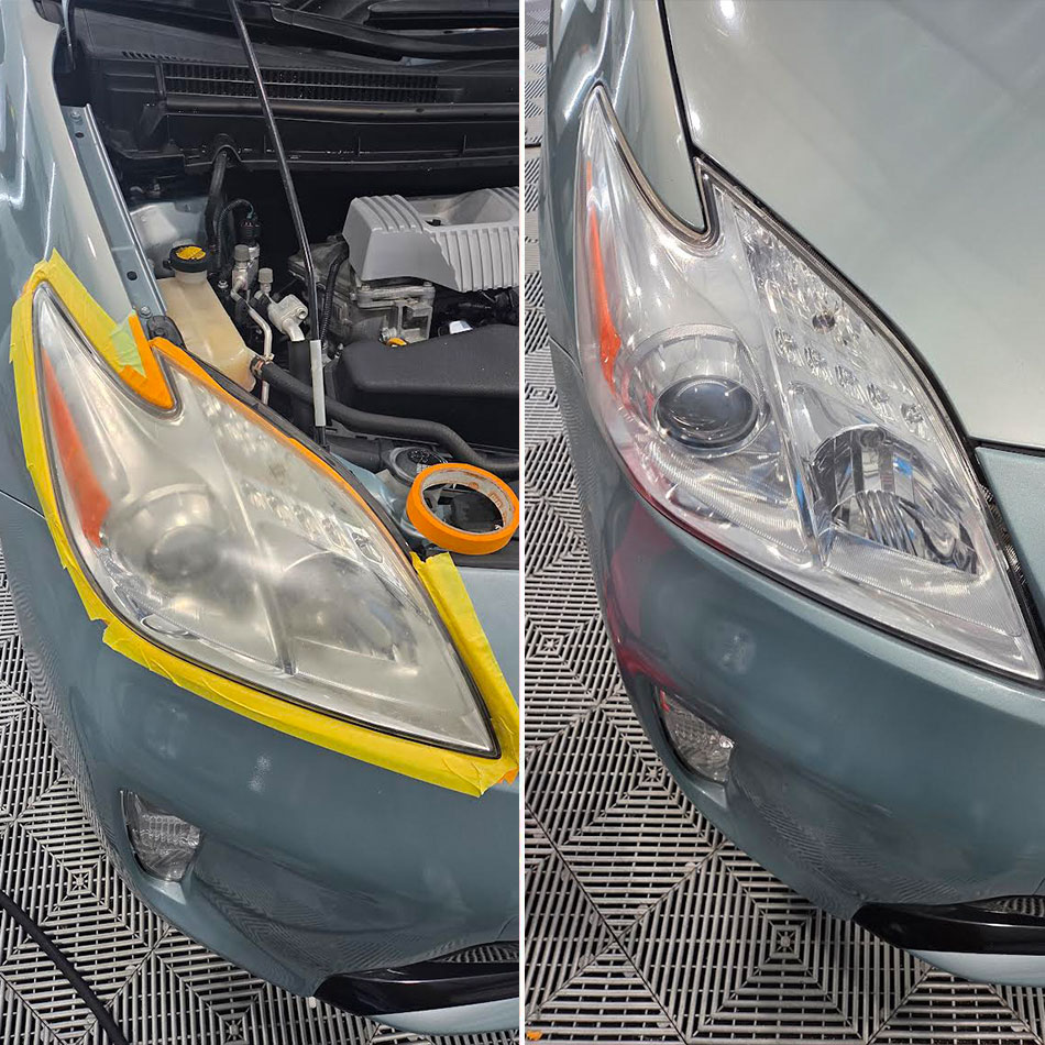 Side-by-side comparison of a car headlight before and after cleaning; the left side shows a taped, cloudy headlight, and the right side shows a clear, restored headlight.
